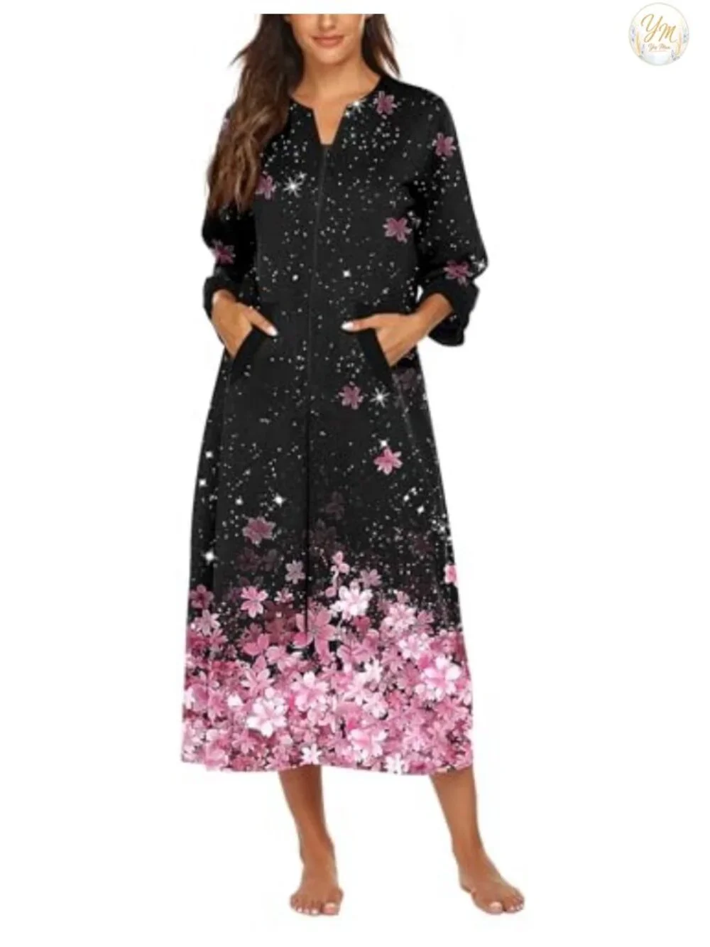Women's Soft Zipper Robe Long Bathrobe with Pockets 3/4 Sleeve Lounge Housecoat